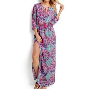 Seafolly Beach Dress Casablanca Kaftan Multicolor Coverup Side Slits Size M